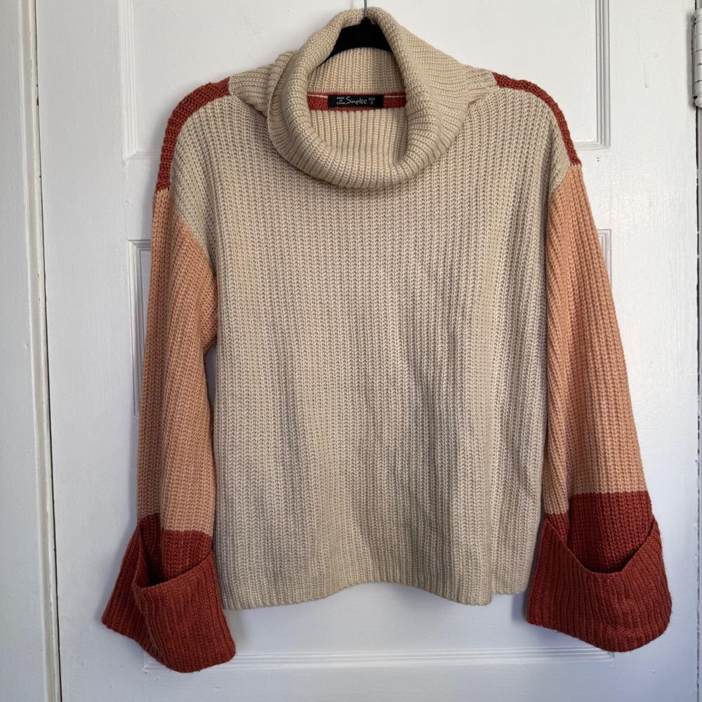 Simplee Women Cowl Neck Colorblock Ribbed Knit Bell Sleeve Sweater Small Rust